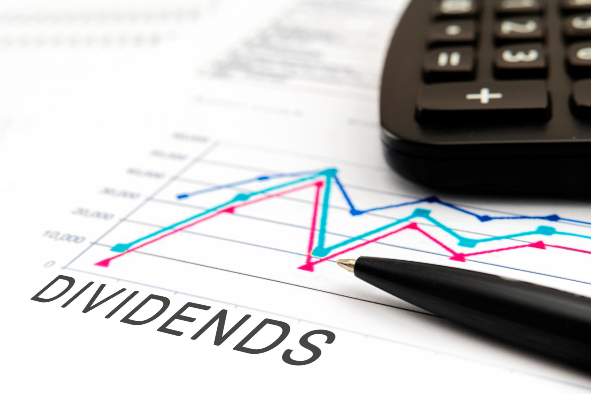 DIVIDENDS text on documents with graphs charts calculator pen