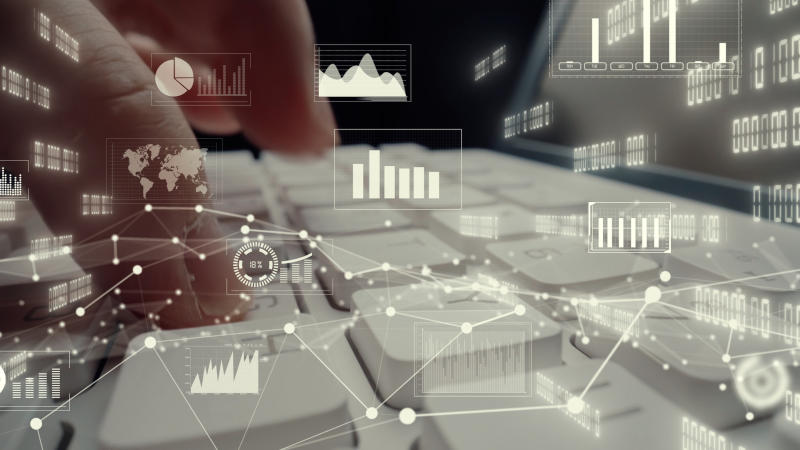 Creative visual of business big data and finance analysis on computer showing concept of statistical investment decision making methodology, fintech and financial engineering .