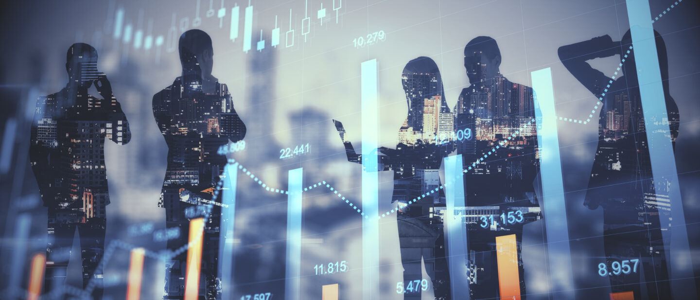 Teamwork and fintech concept Group of young businesspeople working together on bright city background with glowing forex graph Double exposure