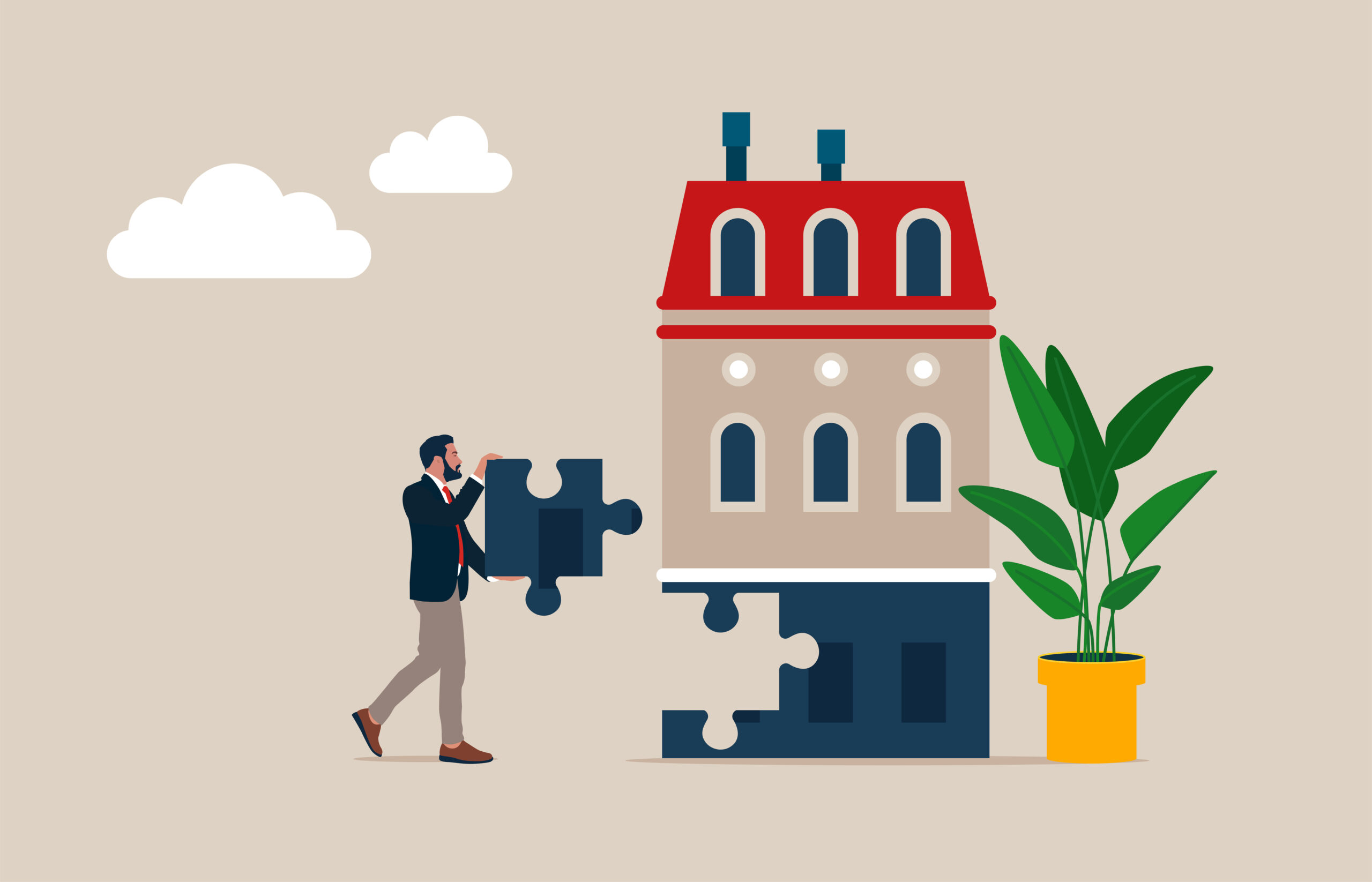 Businessman holding jigsaw piece to finish a house complete puzzle parts of house real estate investment - IMD Business School