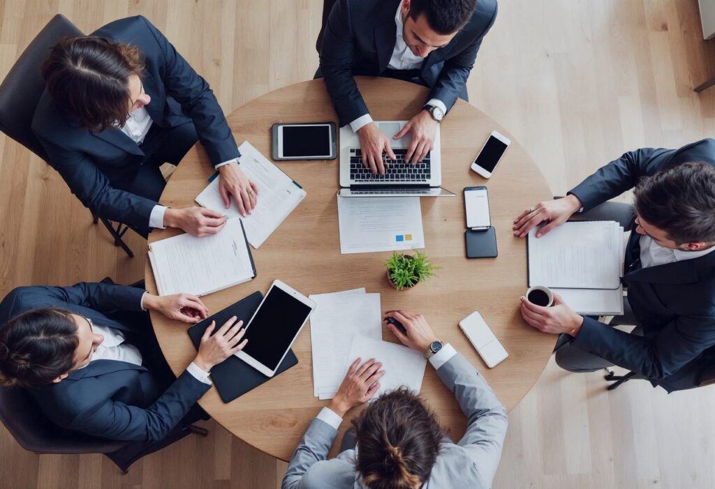 Top view of a diverse group of business professionals in a meeting discussing strategy and using technology around a round office table - IMD Business School meeting of an hr team to discus learning and development strategy