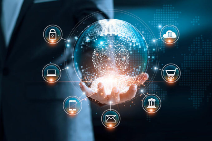 Digital marketing. Businessman holding global circle modern interface payments online shopping and icon customer network connection on virtual screen. Data exchanges worldwide. Business innovation technology concept