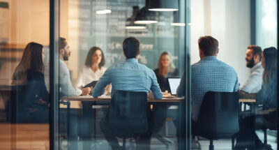 Business team collaborating around a table in a modern office captured through glass walls planning for success with a blurred effect that adds dynamic movement emphasizing teamwork and strategy