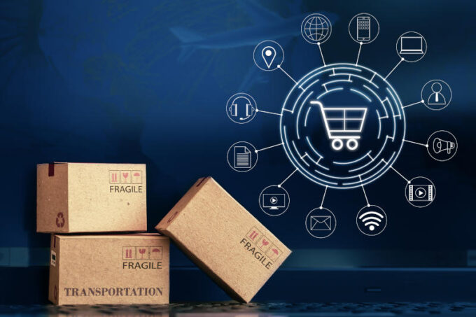 Small paper boxes on notebook with a plane flies behind An ideas about transportation international freight global shipping overseas trade regional or local forwarding