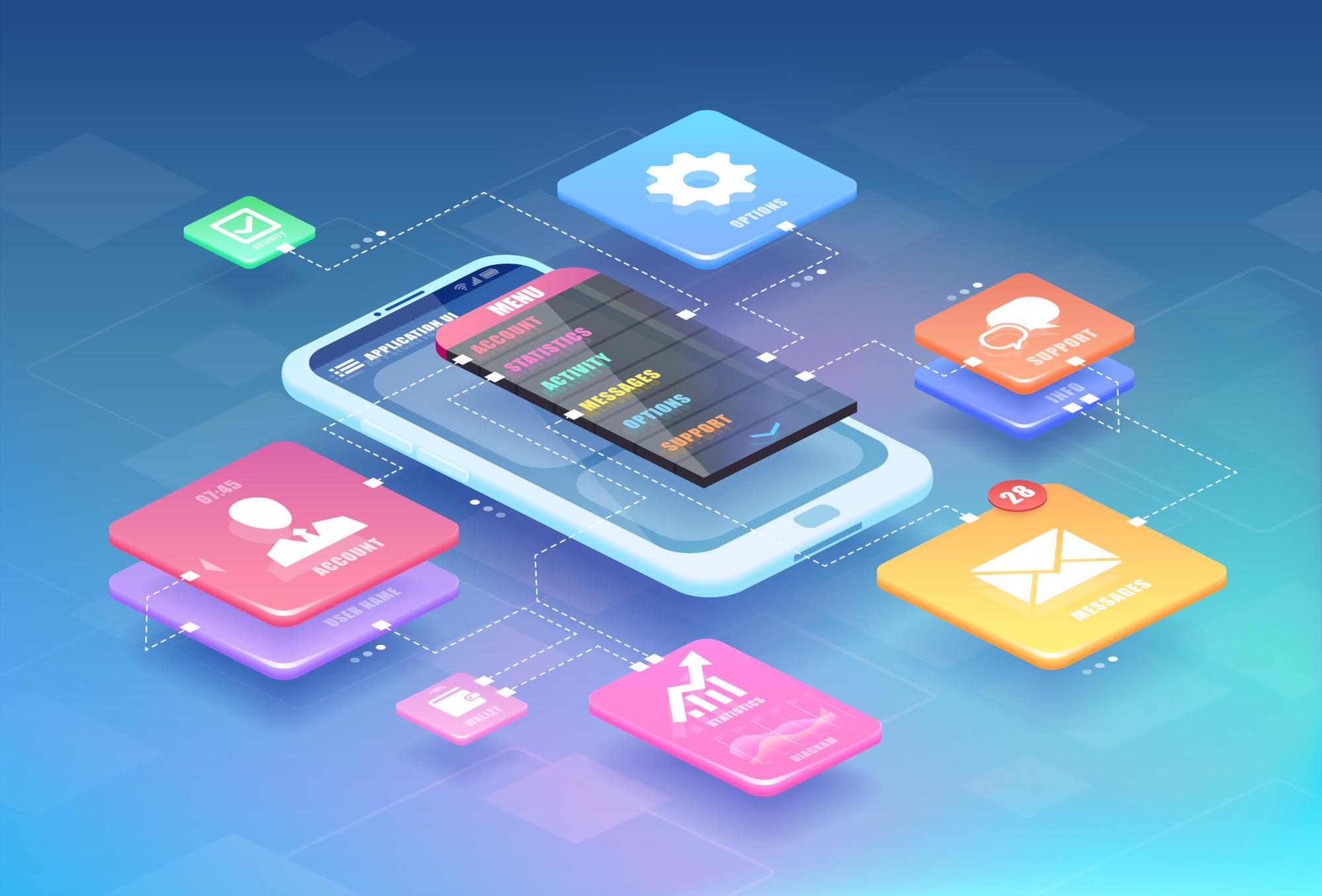 User interface and experience concept Vector of a smart phone with mobile app icons