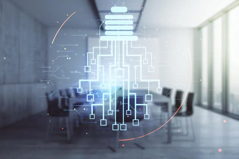 Virtual creative idea concept with light bulb and microcircuit illustration on a modern conference room background Neural networks and machine learning concept Multiexposure - IMD Business School Virtual creative idea concept with light bulb and microcircuit illustration on a modern conference room background Neural networks and machine learning concept Multiexposure - IMD Business School