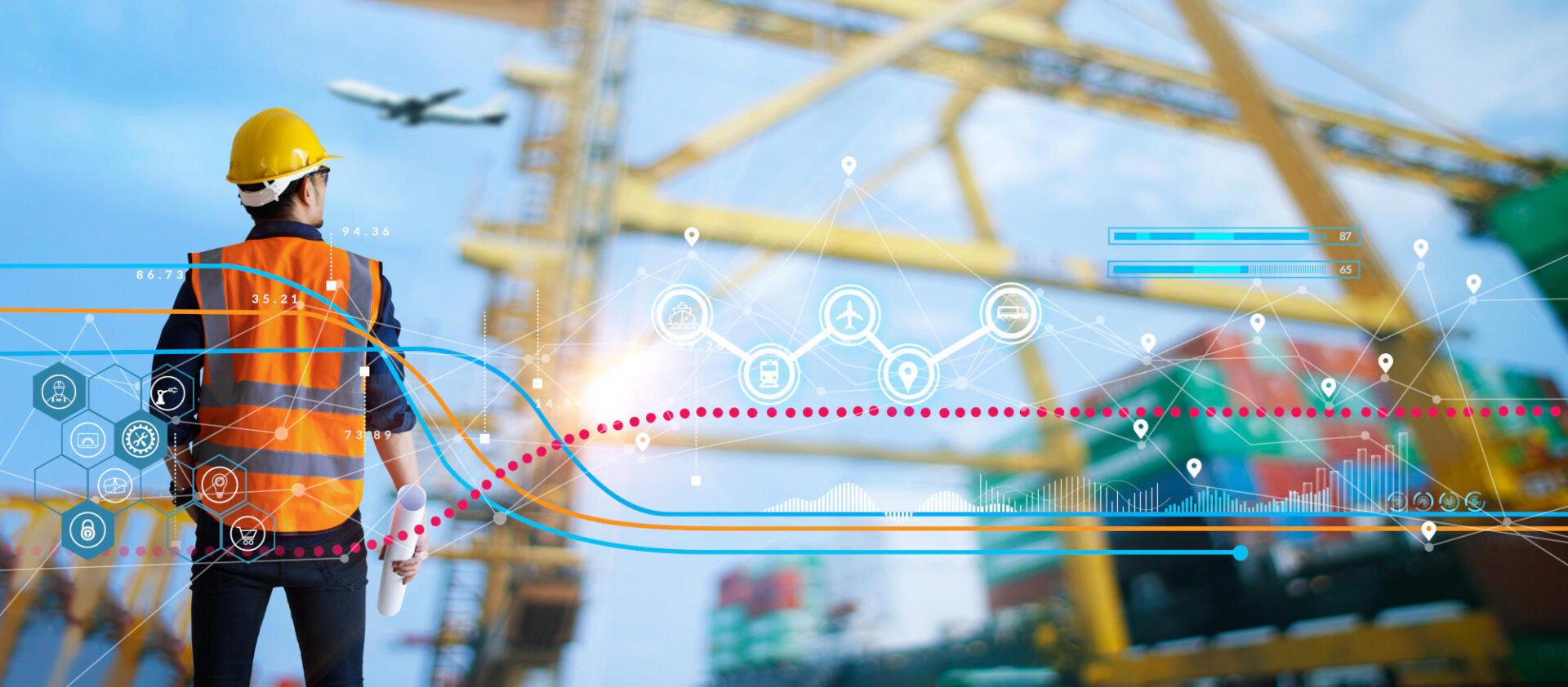 Foreman checking structure and control loading containers box of logistic network distribution Industrial Import Export Business of Global logistics Internet of things