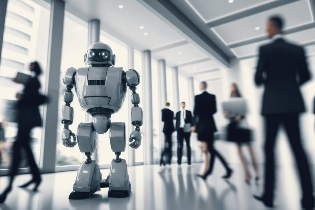 A robot working in a modern office with real people Ai artificial intelligence technology at work Generative ai - IMD Business School a large language model (llm) ai in a business office