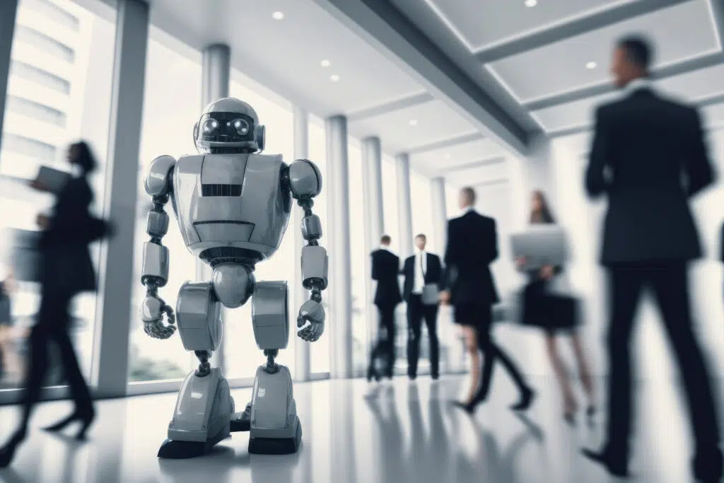 A robot working in a modern office with real people Ai artificial intelligence technology at work Generative ai - IMD Business School a large language model (llm) ai in a business office - IMD Business School