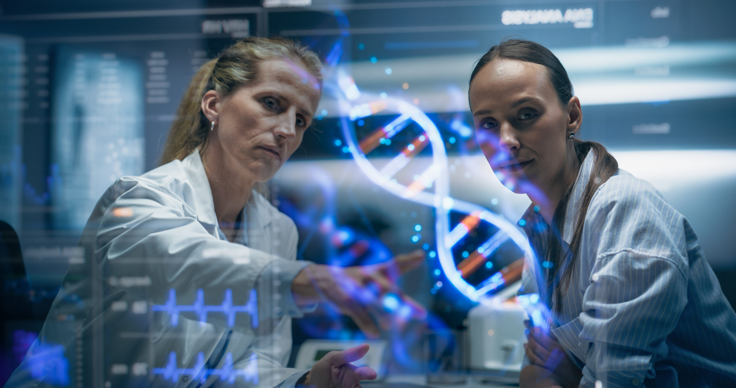 Physician And Patient Examine A Holographic Dna Model AI-Powered Genomic Analysis Highlights Mutation Hotspots And Therapeutic Targets In Real-Time Precision Medicine And Targeted Gene Therapies - IMD Business School