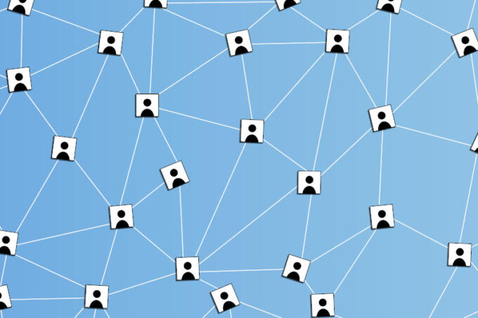 Teamwork network and community concept anonymous profile pictures connected with white lines
