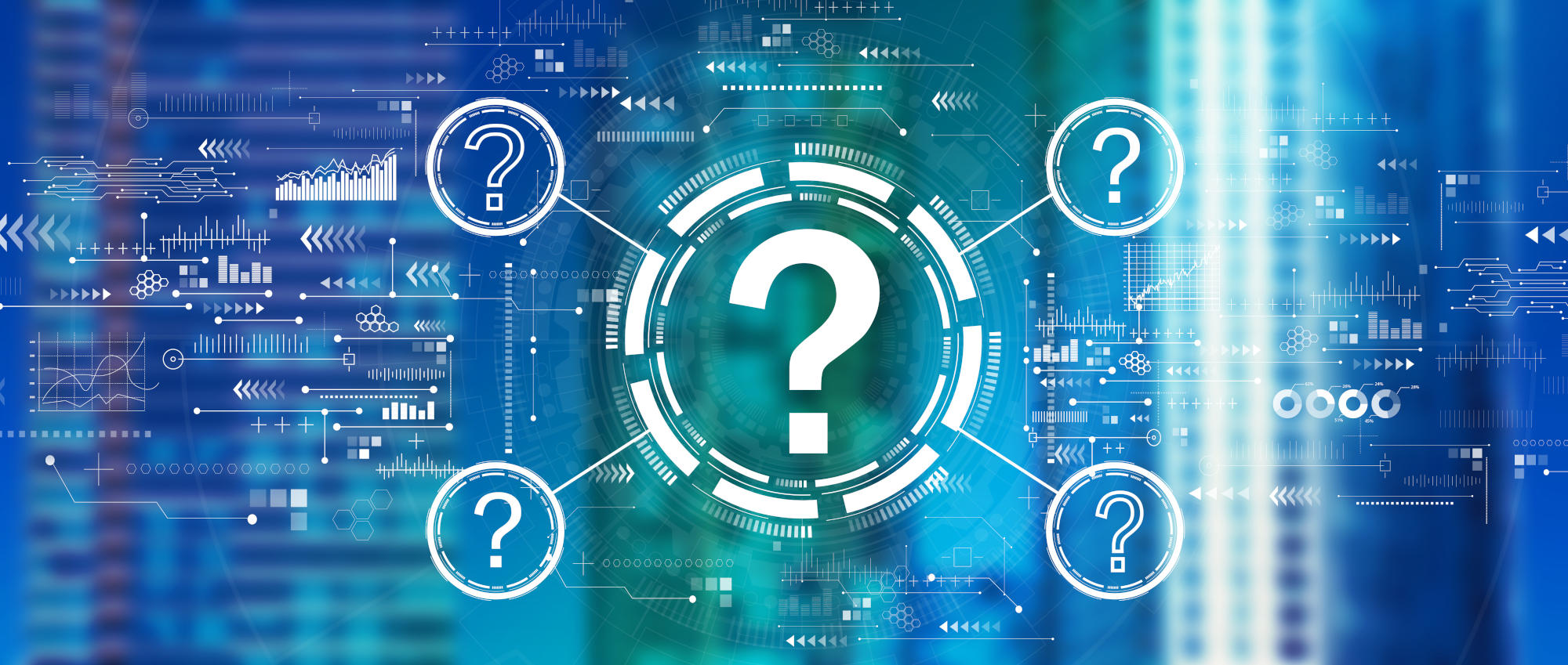 Question marks with downtown skyline