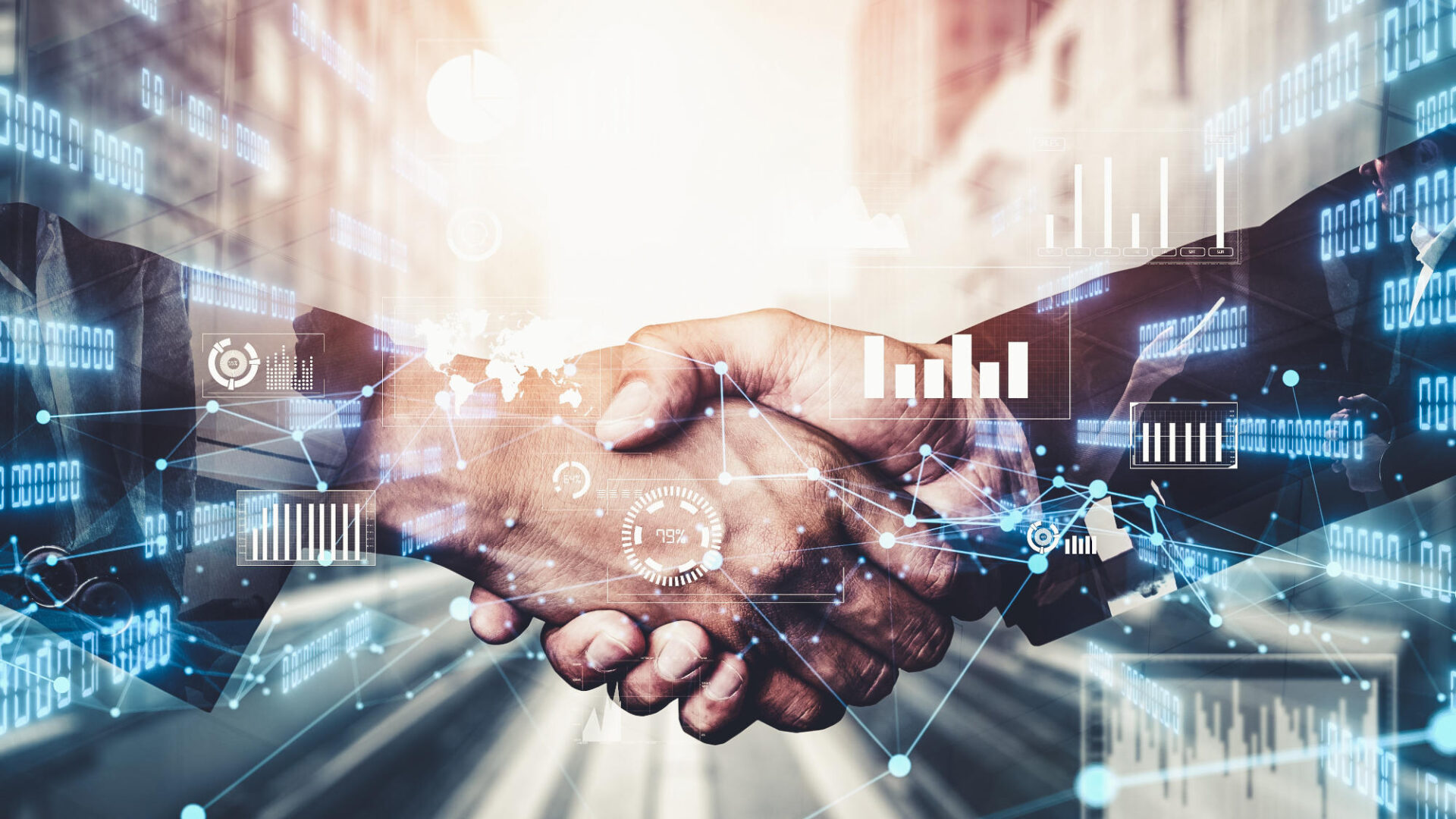 Imaginative visual business handshake with computer graphic of investment data