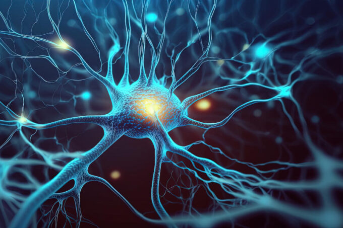Neurons Active nerve cells Conceptual illustration of neuronal cells with bright connecting nodes in the abstract dark space illustration in high resolution 3D rendering