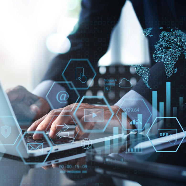 Digital marketing online business Businessman using laptop com