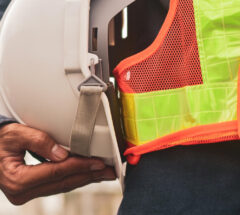 Engineer holding white helmet safety hard hat copy spec
