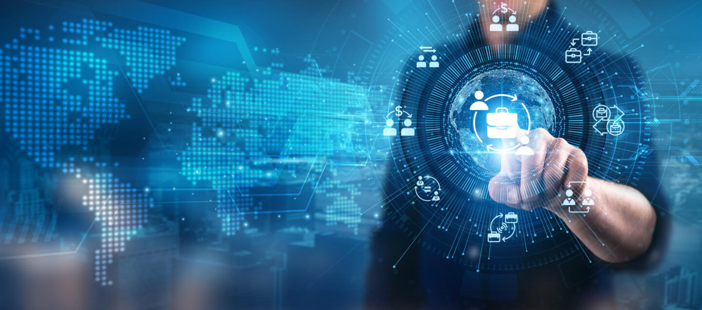 Businessman touching long-term partnerships strategic alliances B2B Business data-driven decisions supply chain optimization and innovative service solutions