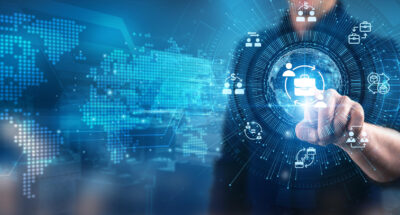Businessman touching long-term partnerships strategic alliances B2B Business data-driven decisions supply chain optimization and innovative service solutions