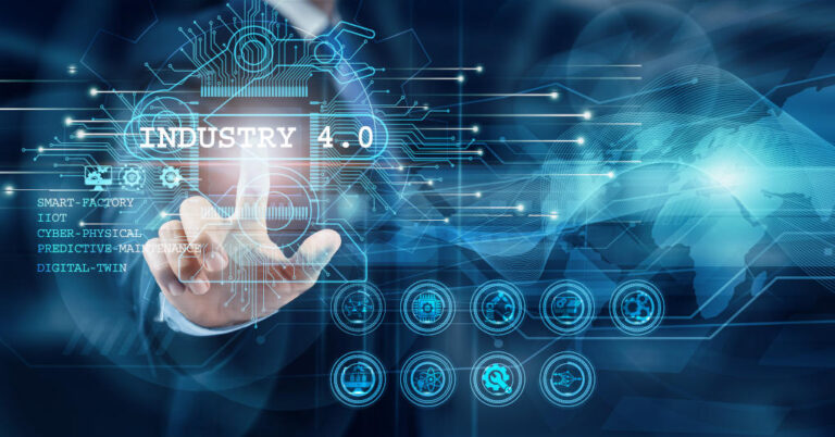 Businessman touch word Industry 40 is the fourth industrial revolution characterized by the integration of digital technologies into manufacturing processes enhancing efficiency and decision-making