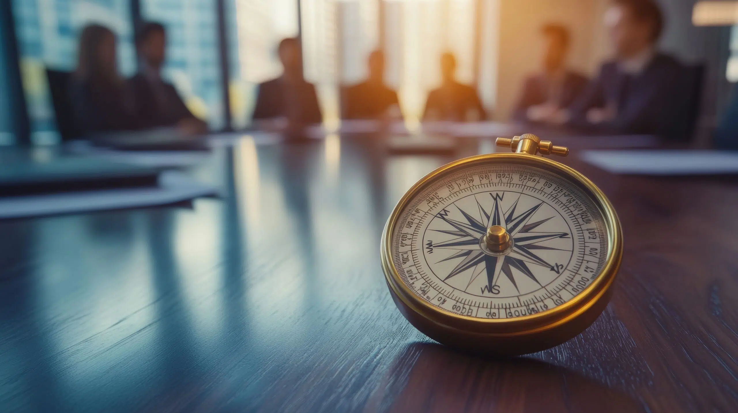 A compass rests on a wooden table with business professionals blurred in the background suggesting direction and leadership in a corporate setting - IMD Business School