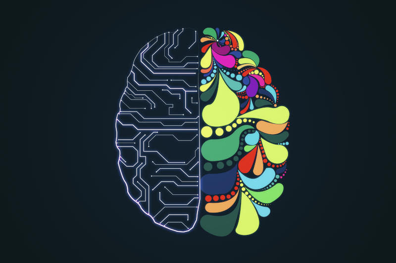 Circuit and colorful brain sketch on dark background