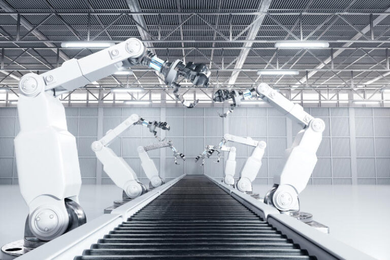 3D rendered robotic arm and factory