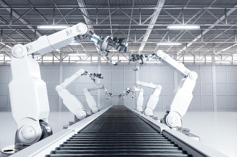 3D rendered robotic arm and factory