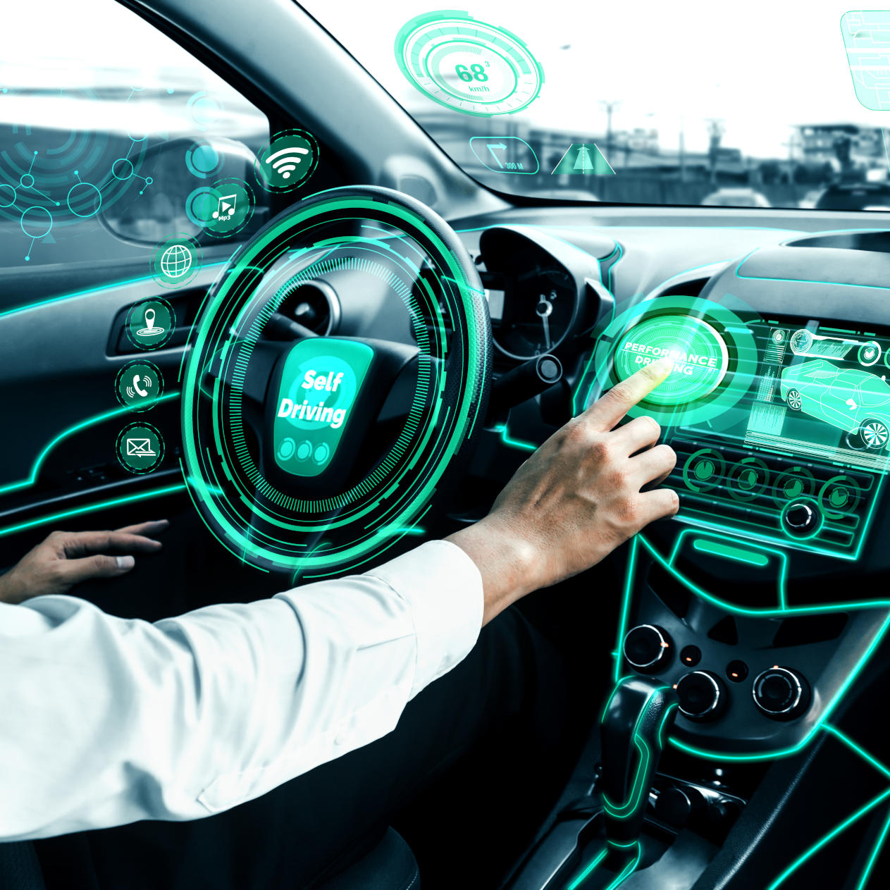 Self-driving autonomous car with relaxed young man sitting at driver seat is driving on busy highway road in the city Concept of machine learning artificial intelligence and augmented reality