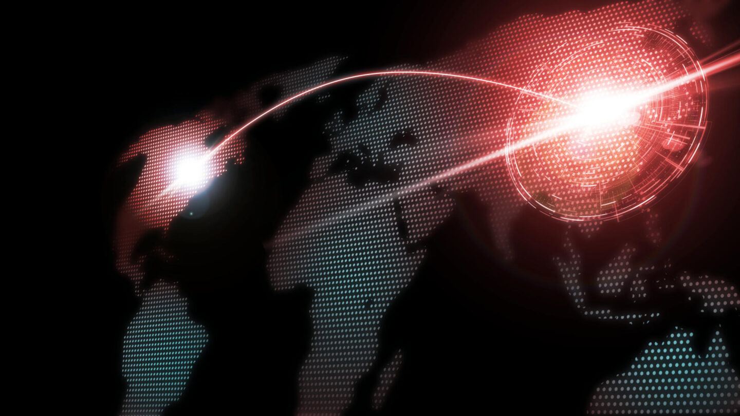 3D Rendering of world map with glowing dots and red curved line running across and target digital hud Concept of trade war cyber attack threatening boycott global financial risk