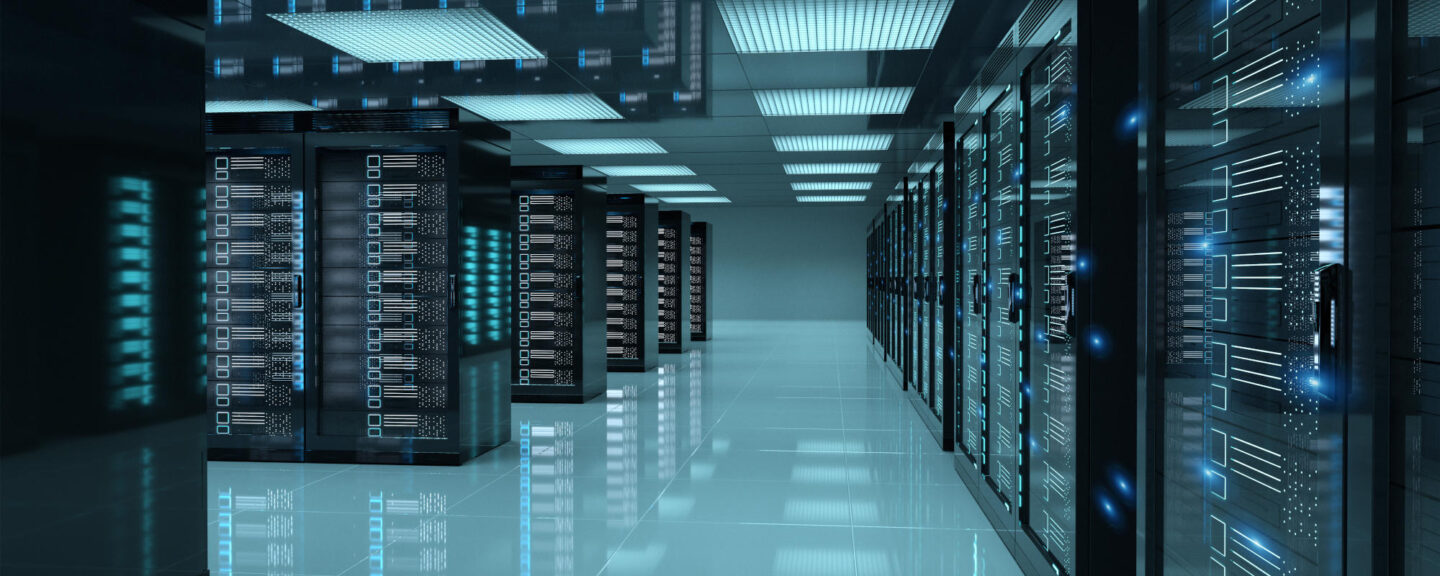 Dark servers center room with computers and storage systems 3D rendering