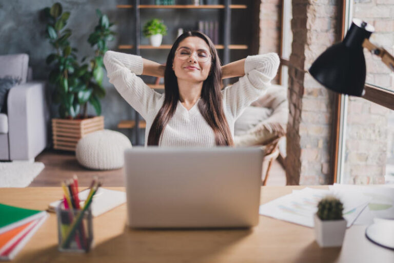 Photo of attractive lovely pretty happy positive joyful smiling woman relaxing with closed eye work in laptop at home house