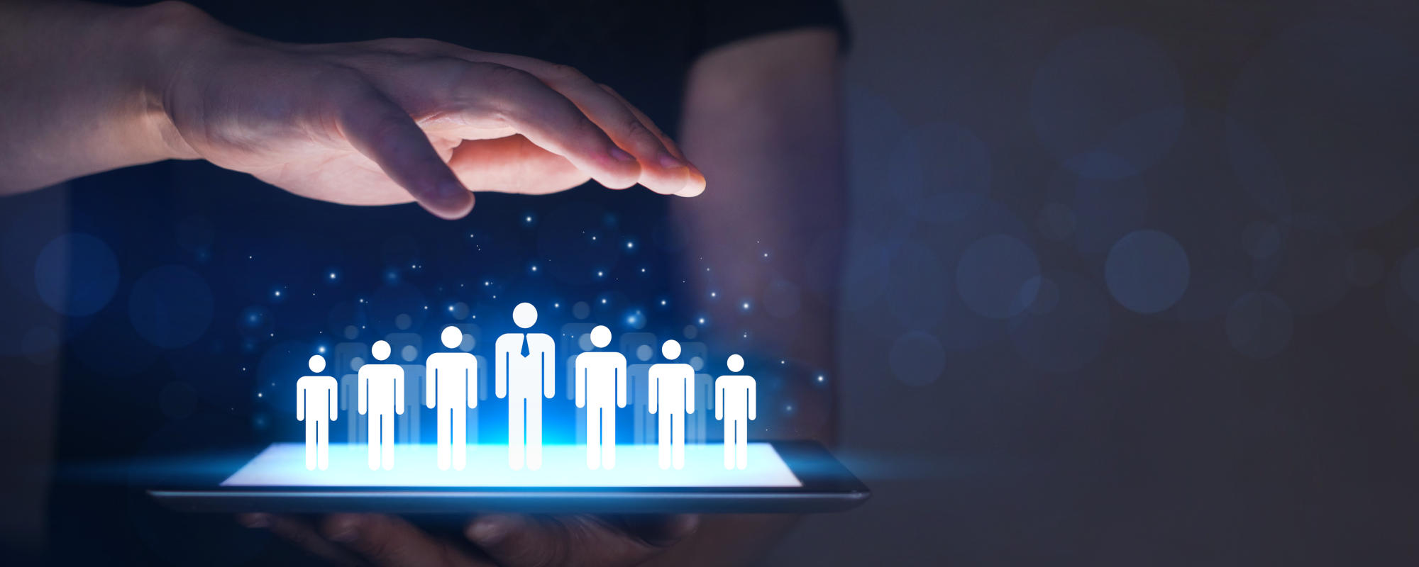 Businessman holding tablet and management group of people corporate team Leader and his team of workers for a successful business