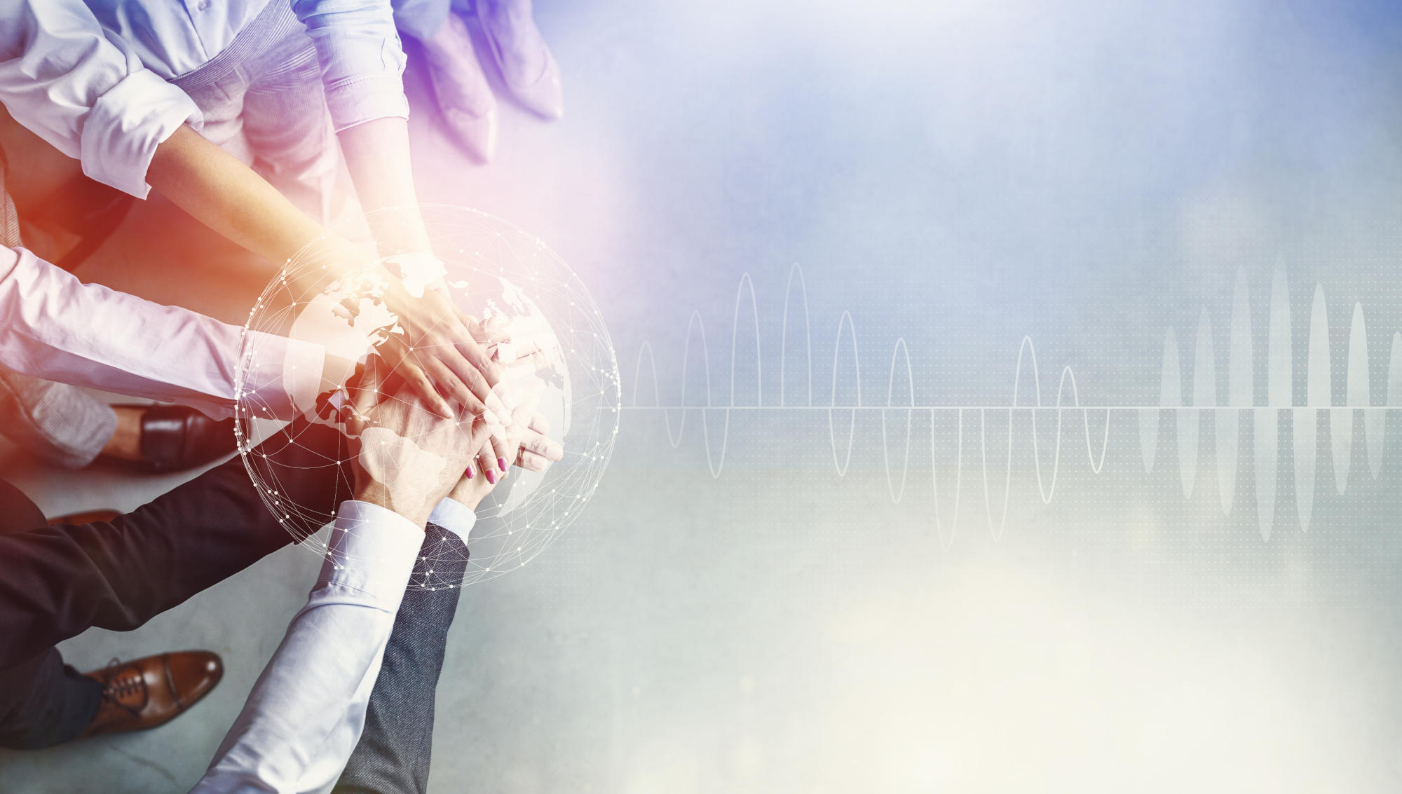 Unrecognizable confident businessman and workers holding hands standing double exposure with abstract planet