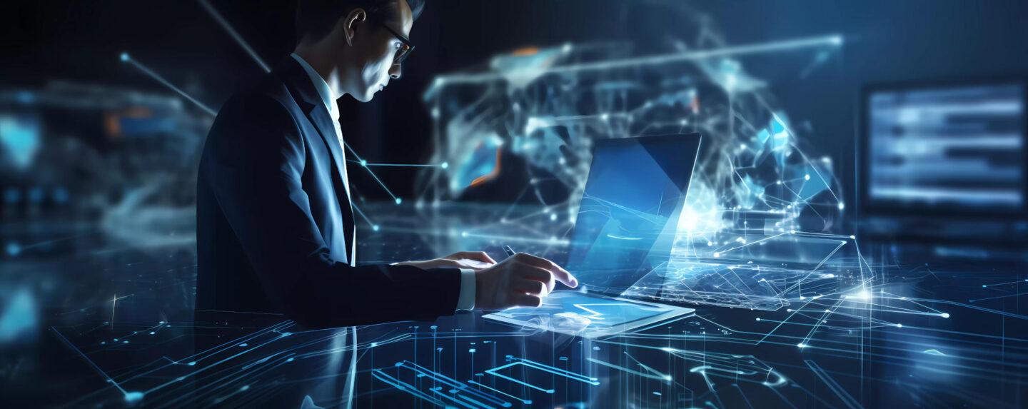 Digital technology internet network connection big data digital marketing IoT internet of things Man using modern computer surfing internet futuristic innovative technology background