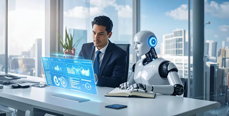 Firefly_A professional office scene showing a human executive and a humanoid AI robot sitting 740x374 - IMD Business School
