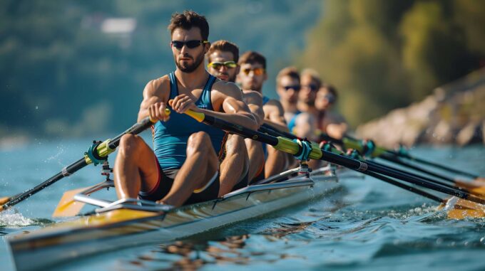A synchronized rowing team powers through clear blue water, showcasing teamwork, discipline, and strength