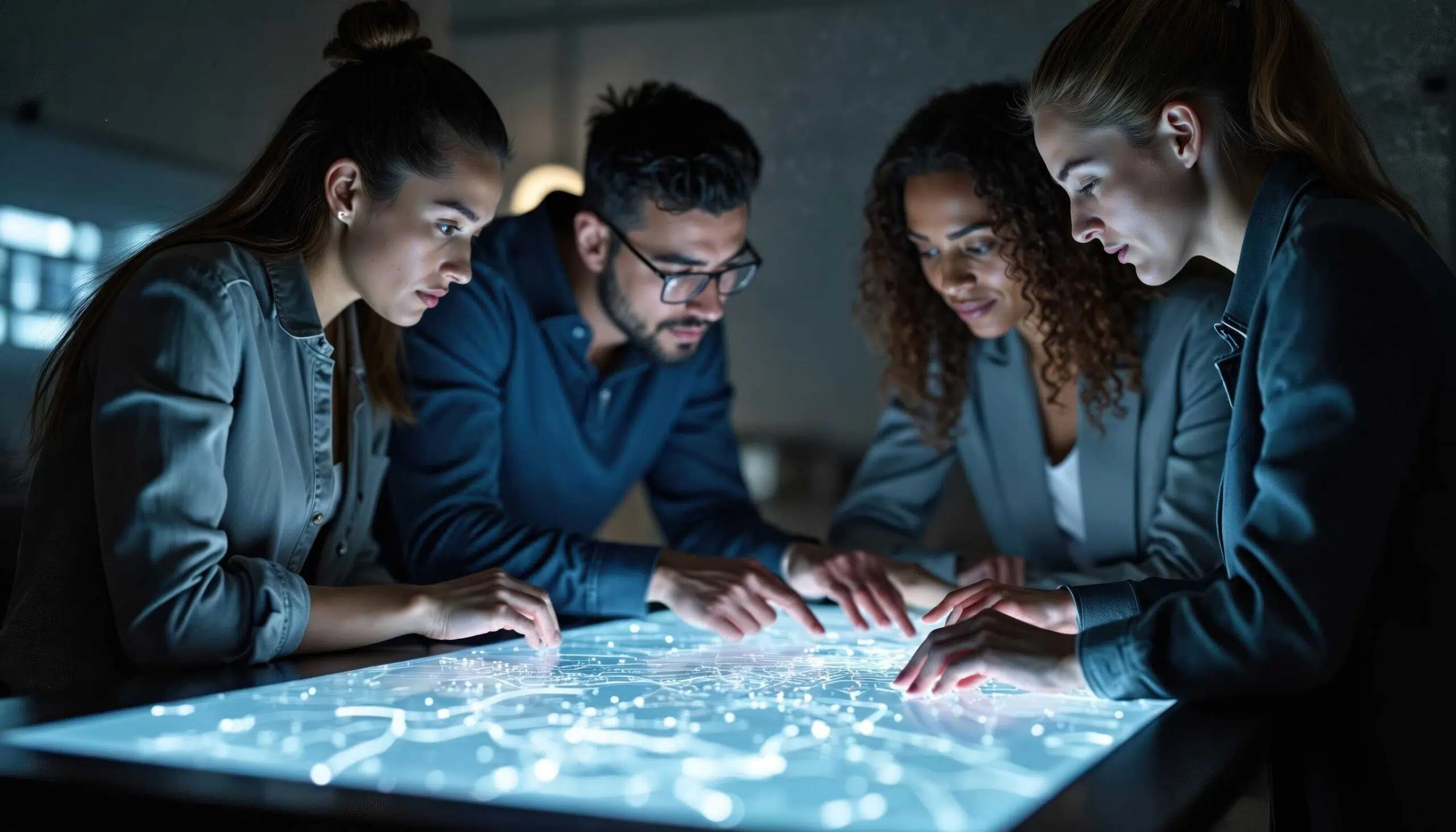 A diverse team collaborates around a glowing digital table, symbolizing AI-driven innovation, leadership, and psychological safety in the workplace. - IMD Business School
