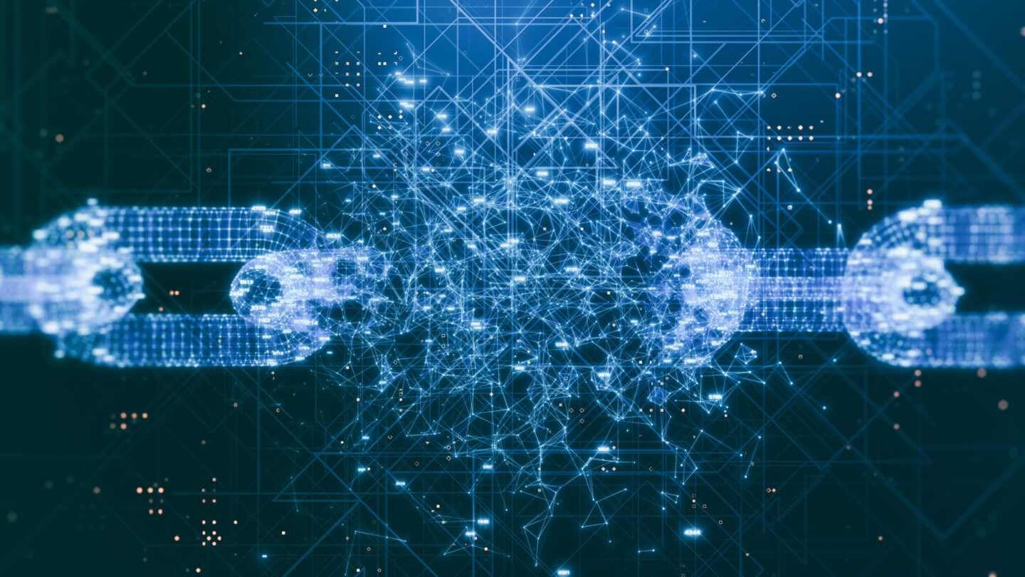 3d wireframe model of a broken chain with random numbers abstract tech background concept of blockchain hacking or cryptocurrency drop in value 3d render