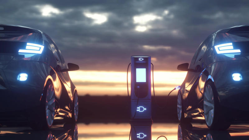 The car is parked at an electric charging station Parking for electric vehicles 3d rendering