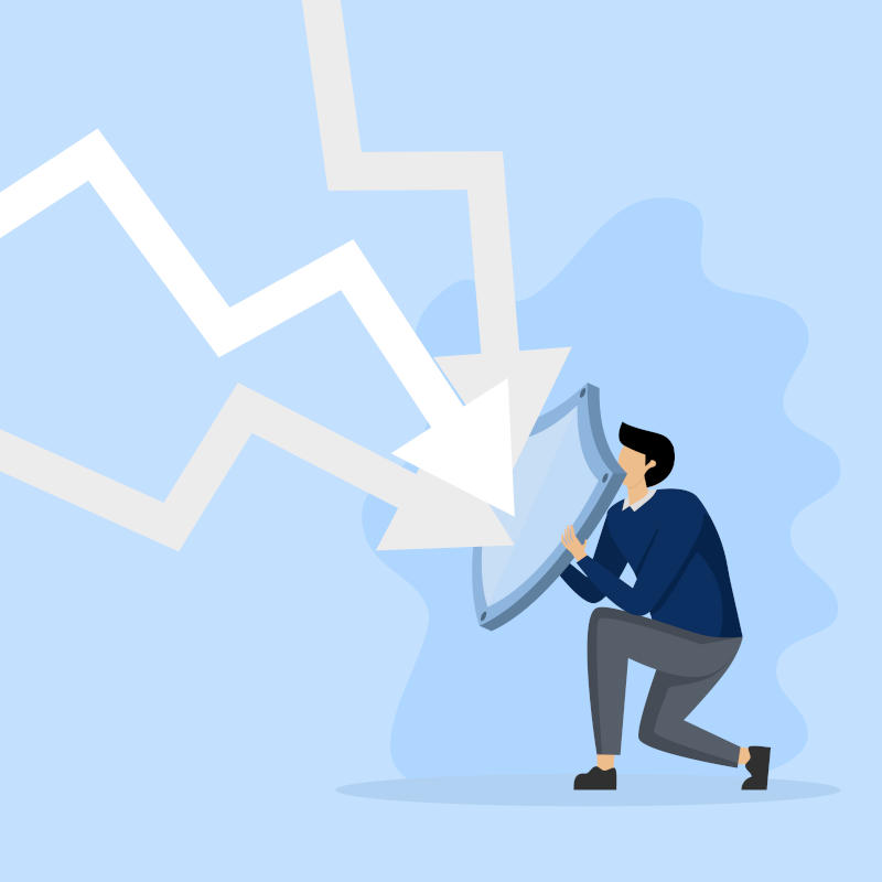 The concept of protective or defensive stocks in times of economic crisis or market downturn businesses facing difficulties people holding up shields to cover and protect from the arrows of decline