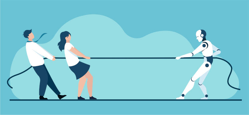 humans playing tug-of-war with a robot artificial intelligence