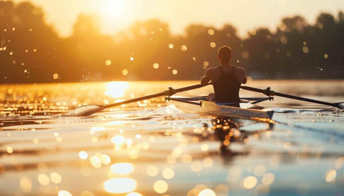 A lone rower glides across a calm lake at sunrise, symbolizing resilience and personal growth through overcoming challenges