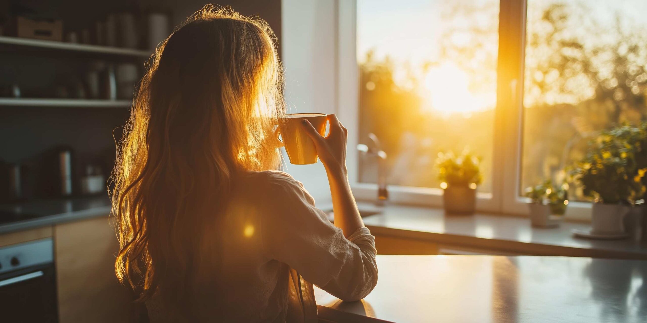 Person enjoying a warm beverage while gazing out of a sunlit kitchen window during a serene morning. Golden sunlight streams through the glass, illuminating potted plants and creating a cozy, peaceful atmosphere