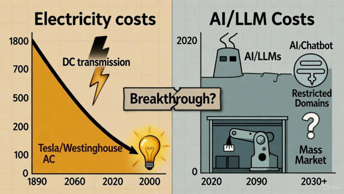 Comparison of historical electricity cost reductions with projected AI/LLM cost trends, highlighting breakthroughs that enabled mass adoption—from Tesla’s AC revolution to potential AI market expansion.