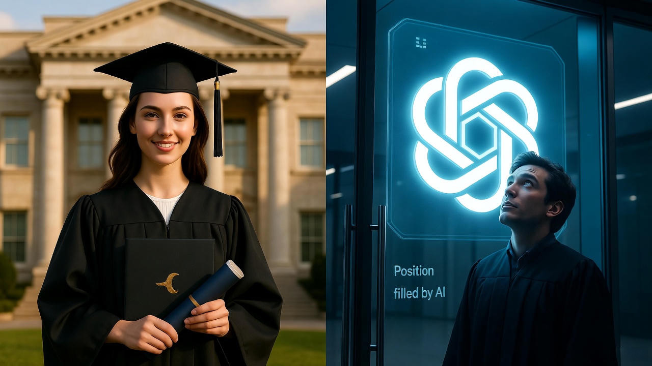 A hopeful graduate in a cap and gown standing in front of a university smiling holding a diploma