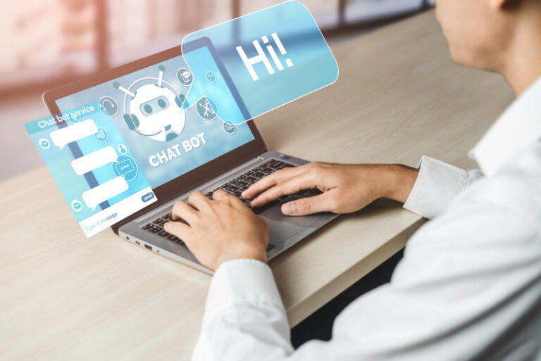 AI Chatbot smart digital customer service application concept Computer or mobile device application using artificial intelligence chat bot automatic reply online message to help customers instantly