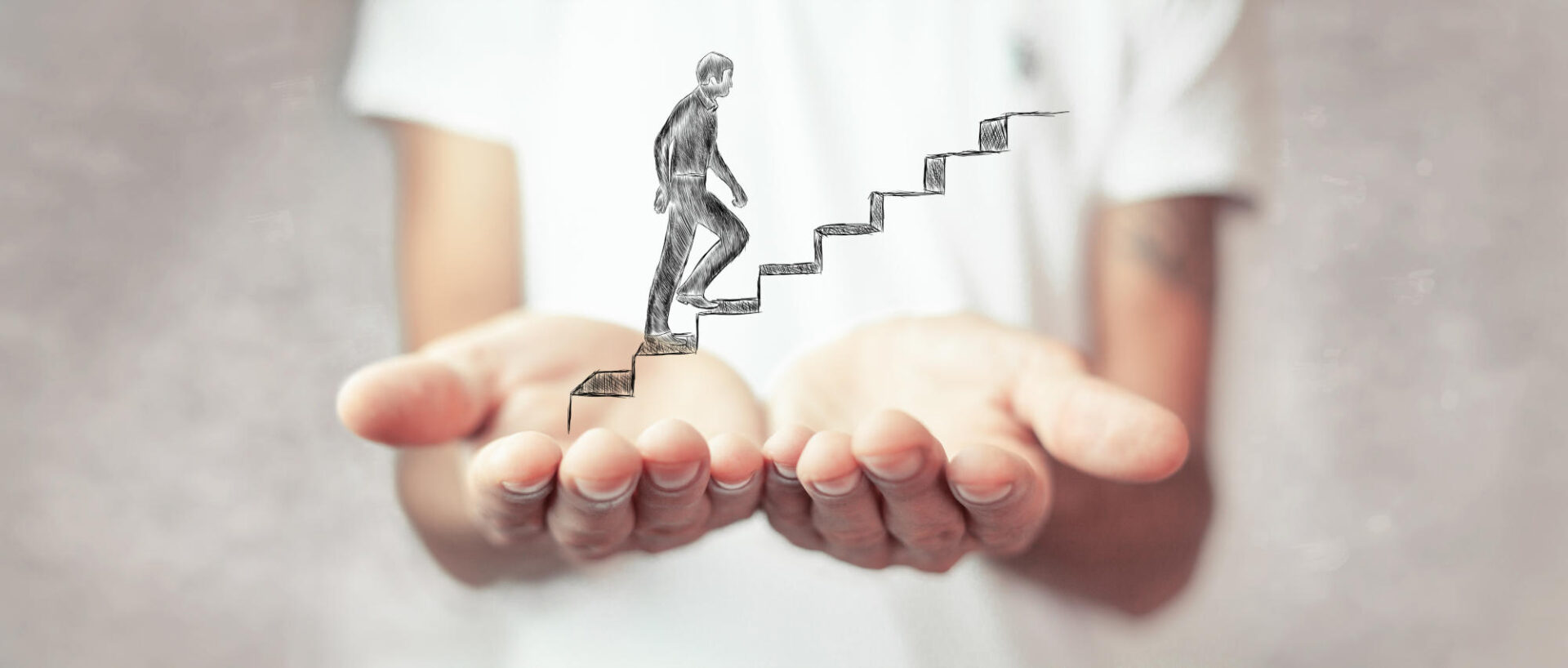 the illustrated man climbs the steps hand-drawn man holding empty palms
