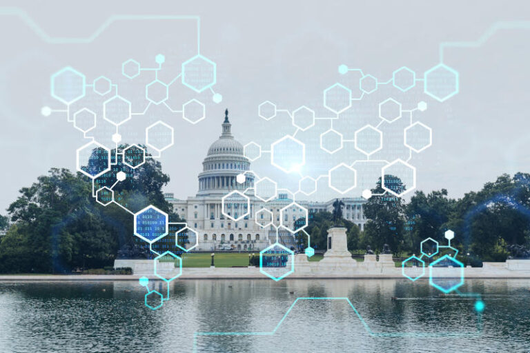 Capitol dome building exterior Washington DC USA Home of Congress and Capitol Hill American political system Decentralized economy Blockchain cryptography and cryptocurrency concept hologram