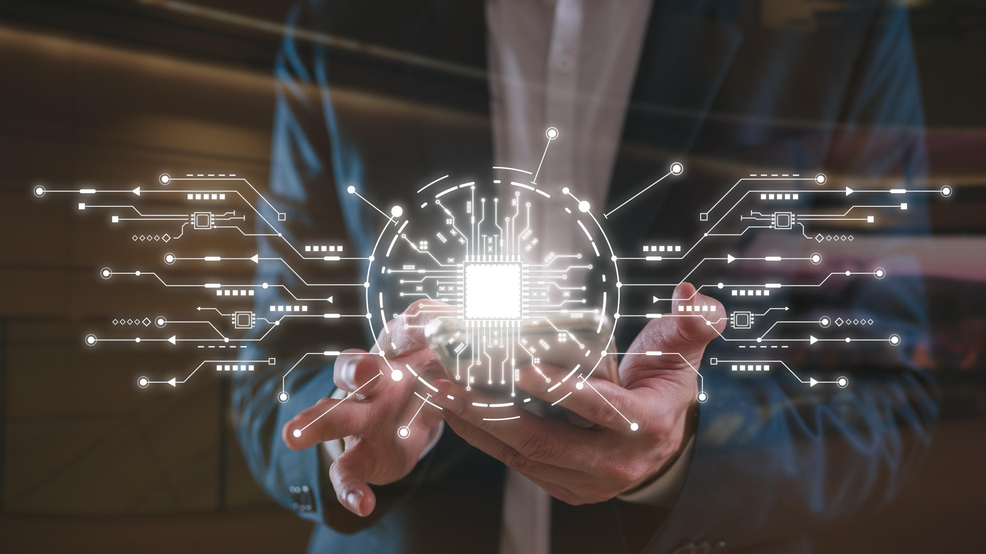 Digital transformation technology strategy internet of things transformation of ideas an the adoption technology in business in the digital age businessman using smartphone with tech icon