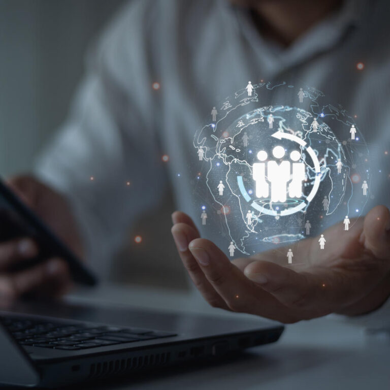 Target customer customer network concept Business people hold a digital globe with a customer network AI analytics digital online marketing Marketing automation for personalized marketing2